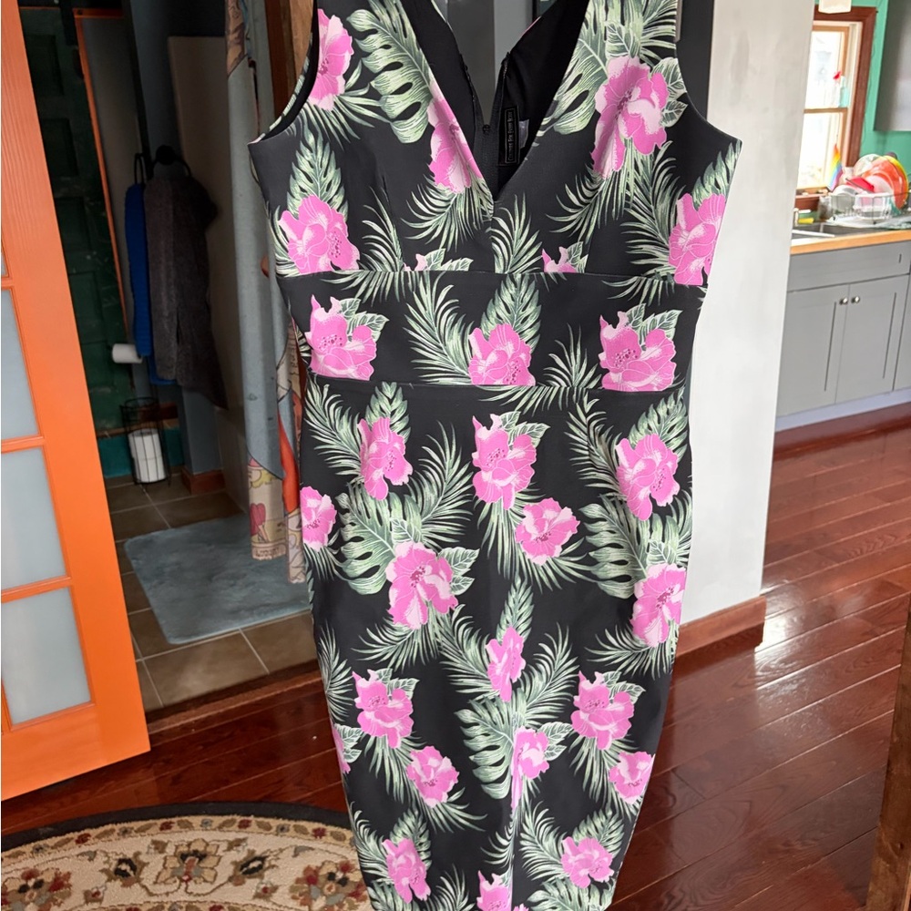 Hawaiian Tiki Pinup  Dress in Black with Pink Floral Print